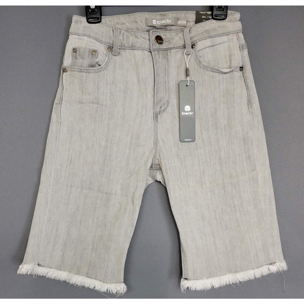 NEW Tractr Denim Shorts Womens 00/24 Gray Nina High Rise Frayed Hem Slim Fit